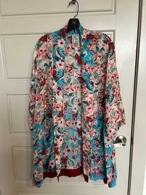Johnny Was Turquoise Floral Open-Front Kimono with Red Accents